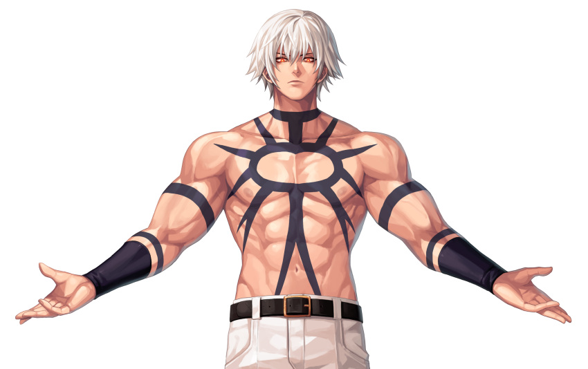 1boy abs bangs belt biceps black_belt closed_mouth collarbone commentary_request cowboy_shot evilgun hair_between_eyes highres lips looking_at_viewer male_focus muscular muscular_male navel nipples orange_eyes orochi_(kof) outstretched_arms pants pectorals serious shirtless short_hair simple_background solo spread_arms standing stomach tattoo the_king_of_fighters the_king_of_fighters_'97 white_background white_hair white_pants wristband