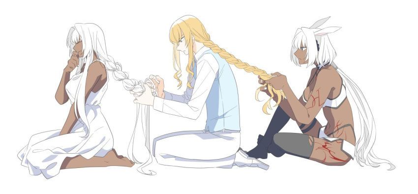 1boy 2girls animal_ears barefoot bikini black_legwear blonde_hair blue_eyes blue_vest body_markings braid braiding_hair breasts caenis_(fate) closed_eyes commentary_request dark_skin dark-skinned_female dress dual_persona fate/grand_order fate_(series) hairdressing holding_another's_hair kirschtaria_wodime large_breasts long_hair looking_at_another low_ponytail multiple_girls naka_(sm6130) pants seiza shirt simple_background single_braid sitting swimsuit thigh-highs very_long_hair vest white_background white_bikini white_dress white_footwear white_hair white_pants white_shirt