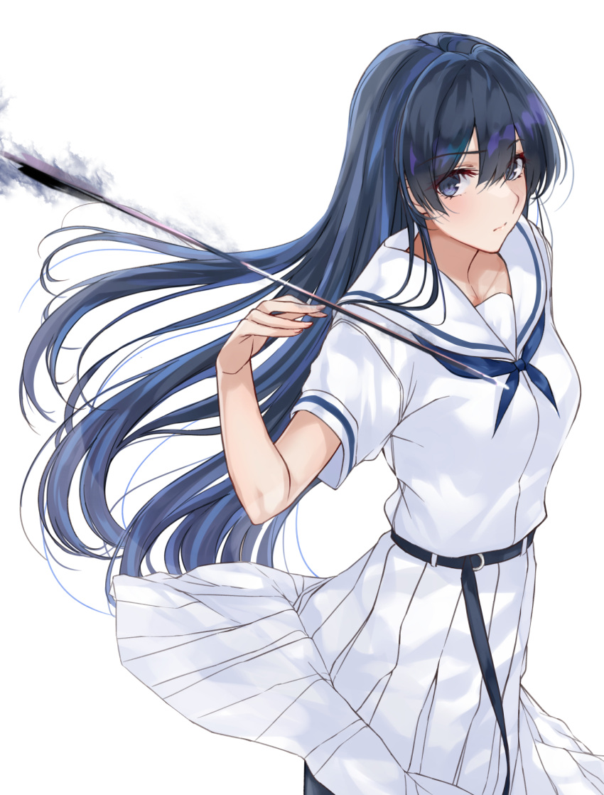 1girl arrow_(projectile) aura blue_hair expressionless floating floating_object from_side highres hirose_sumire long_hair long_skirt looking_at_viewer looking_to_the_side mexifime pleated_skirt saki school_uniform serafuku simple_background skirt solo very_long_hair white_background