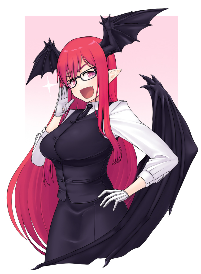 1girl :d bat_wings bespectacled black-framed_eyewear black_neckwear black_skirt black_vest black_wings breasts collared_shirt cowboy_shot cropped_legs fang glasses gloves haiiro_gundan head_wings highres koakuma large_breasts long_hair long_sleeves looking_at_viewer necktie open_mouth pink_background pointy_ears red_eyes redhead shirt simple_background skirt skirt_set smile solo touhou vest white_gloves white_shirt wing_collar wings