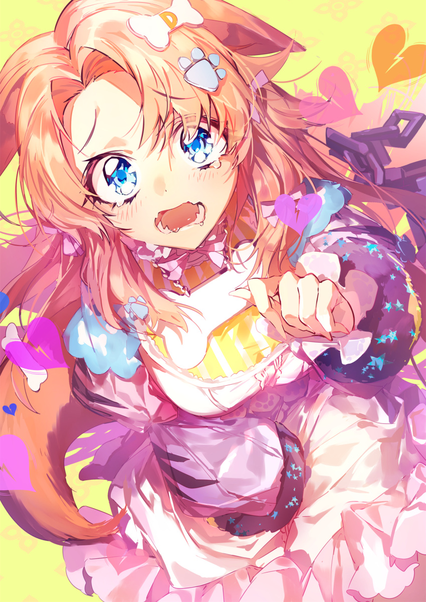 1girl :o animal_ears bangs between_legs blue_eyes blush brown_hair chain dog_ears dog_girl dog_hair_ornament dress ears_down eyebrows_visible_through_hair fangs frilled_dress frills hand_between_legs hand_up highres long_hair long_sleeves multicolored multicolored_clothes multicolored_dress open_mouth original parted_bangs paw_hair_ornament puffy_sleeves saliva solo tearing_up wattaro