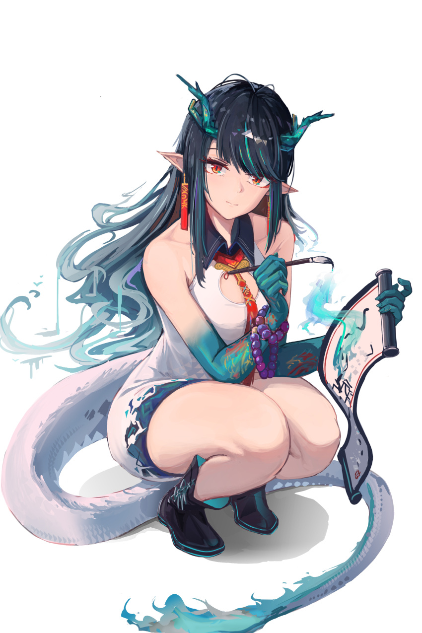 1girl absurdres arknights bare_shoulders black_footwear black_hair dusk_(arknights) earrings highres holding horns jewelry looking_at_viewer necktie paint.net_(medium) painting_(object) panana pointy_ears red_eyes shoes sitting smile solo tail