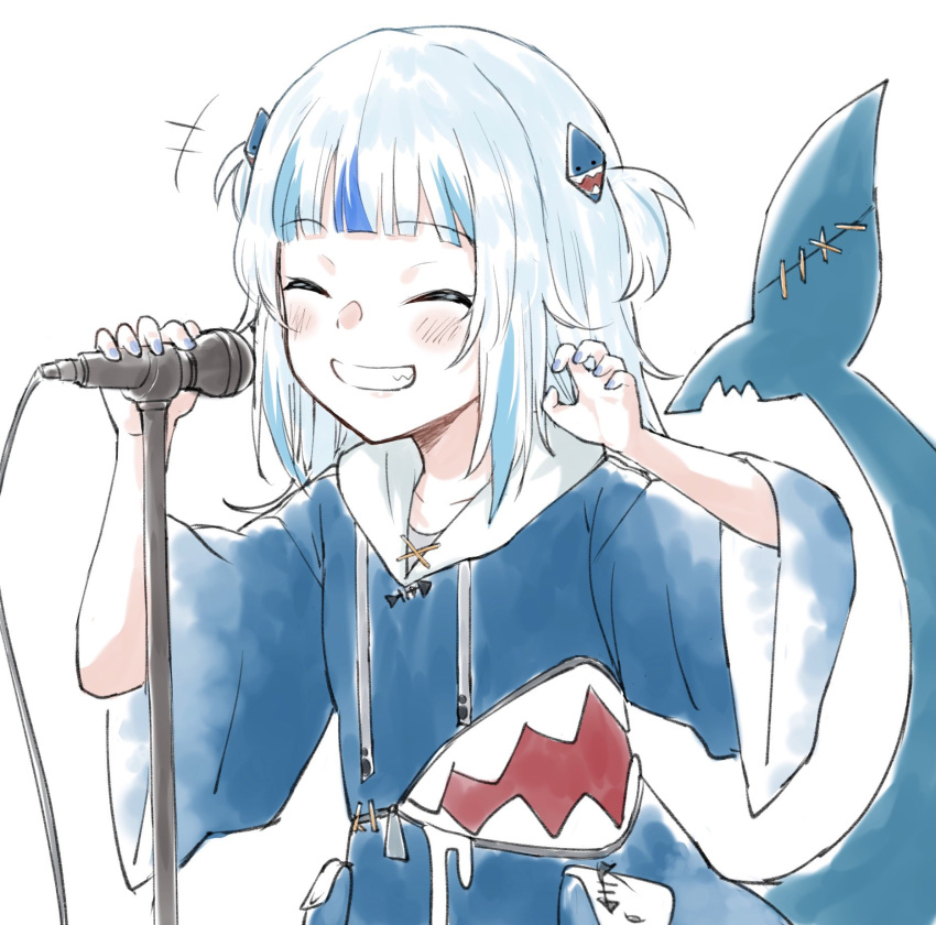 1girl animal_costume animal_hood bangs blue_hair blue_hoodie blue_nails blunt_bangs blush closed_eyes commentary_request fish_tail gawr_gura grin hair_ornament highres hololive hololive_english hood hoodie microphone multicolored_hair nail_polish shark_costume shark_girl shark_hair_ornament shark_tail shinoe_nun silver_hair smile solo streaked_hair tail teeth two_side_up virtual_youtuber white_background wide_sleeves
