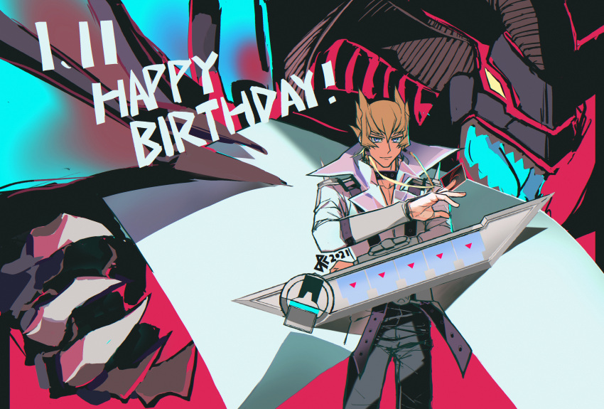 1boy absurdres black_pants blonde_hair card closed_mouth coat commentary_request cowboy_shot dated dragon dragoncrest duel_disk duel_monster hair_between_eyes happy_birthday highres holding holding_card huge_filesize jack_atlas looking_at_viewer pants red_dragon_archfiend shirt short_hair smile spiky_hair standing violet_eyes white_coat white_shirt yu-gi-oh! yu-gi-oh!_5d's