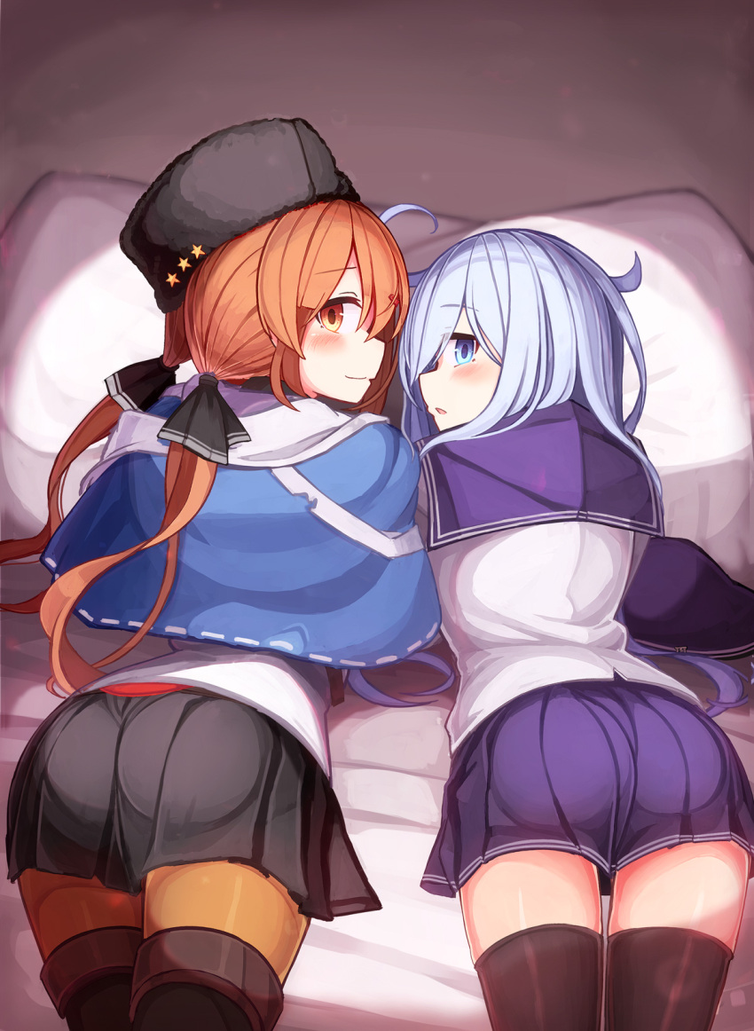 2girls bed_sheet black_bow black_footwear black_headwear black_legwear black_skirt blue_eyes blue_shawl blush boots bow brown_eyes brown_hair eyebrows_visible_through_hair flat_cap from_behind hair_between_eyes hair_bow hair_ornament hairclip hat hat_removed headwear_removed hibiki_(kancolle) highres jacket kantai_collection long_hair long_sleeves looking_back low_twintails multiple_girls pantyhose papakha parted_lips pillow pleated_skirt reitou_mikan scarf school_uniform serafuku shawl silver_hair skirt tashkent_(kancolle) thigh-highs thigh_boots torn_clothes torn_scarf twintails white_jacket white_scarf
