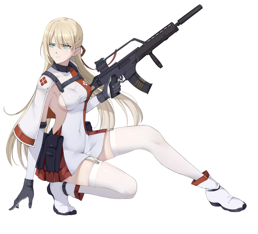 1girl alternate_uniform aqua_eyes assault_rifle black_gloves blonde_hair breasts closed_mouth concert covered_navel eyebrows_visible_through_hair g36_(girls_frontline) girls_frontline gloves gun h&amp;k_g36 hair_ribbon hand_on_floor highres holding holding_weapon holster long_hair looking_at_viewer looking_away medium_breasts original red_ribbon ribbon rifle sitting solo uniform weapon white_background white_footwear white_legwear wsfw