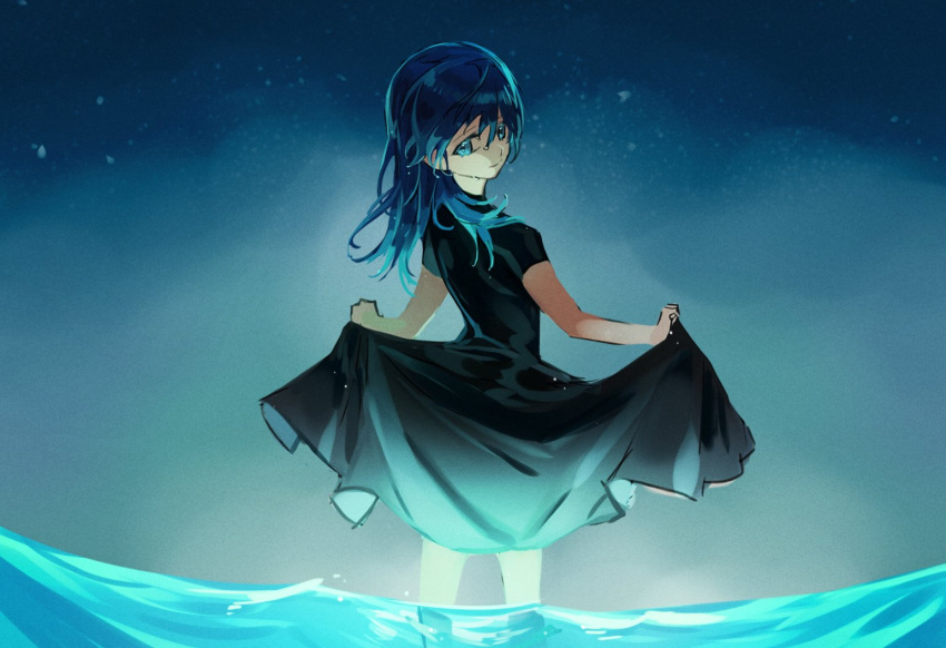 1girl bangs black_dress blue_background blue_eyes blue_hair byleth_(fire_emblem) byleth_eisner_(female) byleth_eisner_(female) child cute dress fire_emblem fire_emblem:_three_houses fire_emblem:_three_houses fire_emblem_16 fire_emblem_heroes fm_r3dslov3 from_behind gradient_hair hair_between_eyes intelligent_systems long_dress long_hair looking_back looking_down multicolored_hair night nintendo shiny shiny_hair short_sleeves sketch skirt_hold soaking_feet solo standing water_surface wet wet_hair younger