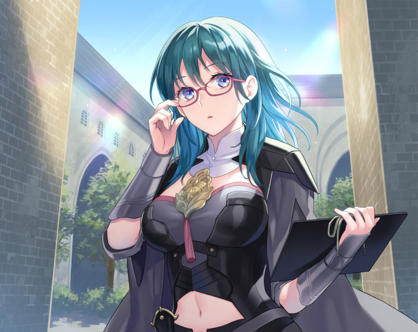 1girl arm_guards armor bangs bespectacled blue_eyes blue_hair breasts building byleth_(fire_emblem) byleth_eisner_(female) cape clothing_cutout commentary_request corset day eyebrows_visible_through_hair fire_emblem fire_emblem:_three_houses glasses grey_cape hand_up holding large_breasts long_hair navel navel_cutout outdoors parted_lips pink-framed_eyewear shoulder_armor solo sunlight tassel underbust upper_body yamyom