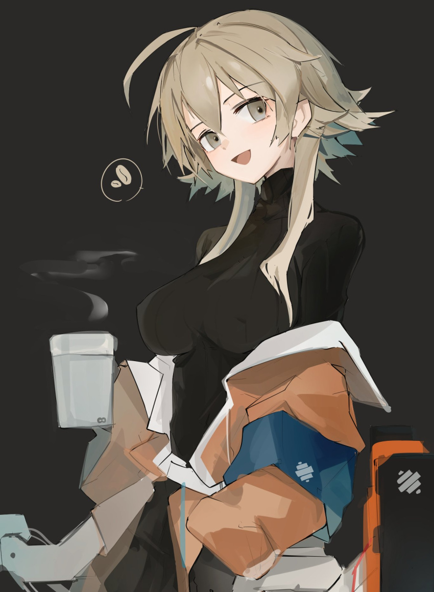 1girl ahoge arknights bangs black_gloves breasts brown_eyes coffee_beans cup english_commentary eyebrows_visible_through_hair gloves hair_between_eyes highres holding holding_cup jacket long_sleeves mayer_(arknights) mikojin off_shoulder open_clothes open_jacket open_mouth orange_jacket ribbed_sweater short_hair_with_long_locks silver_hair simple_background solo steam sweater turtleneck turtleneck_sweater upper_body