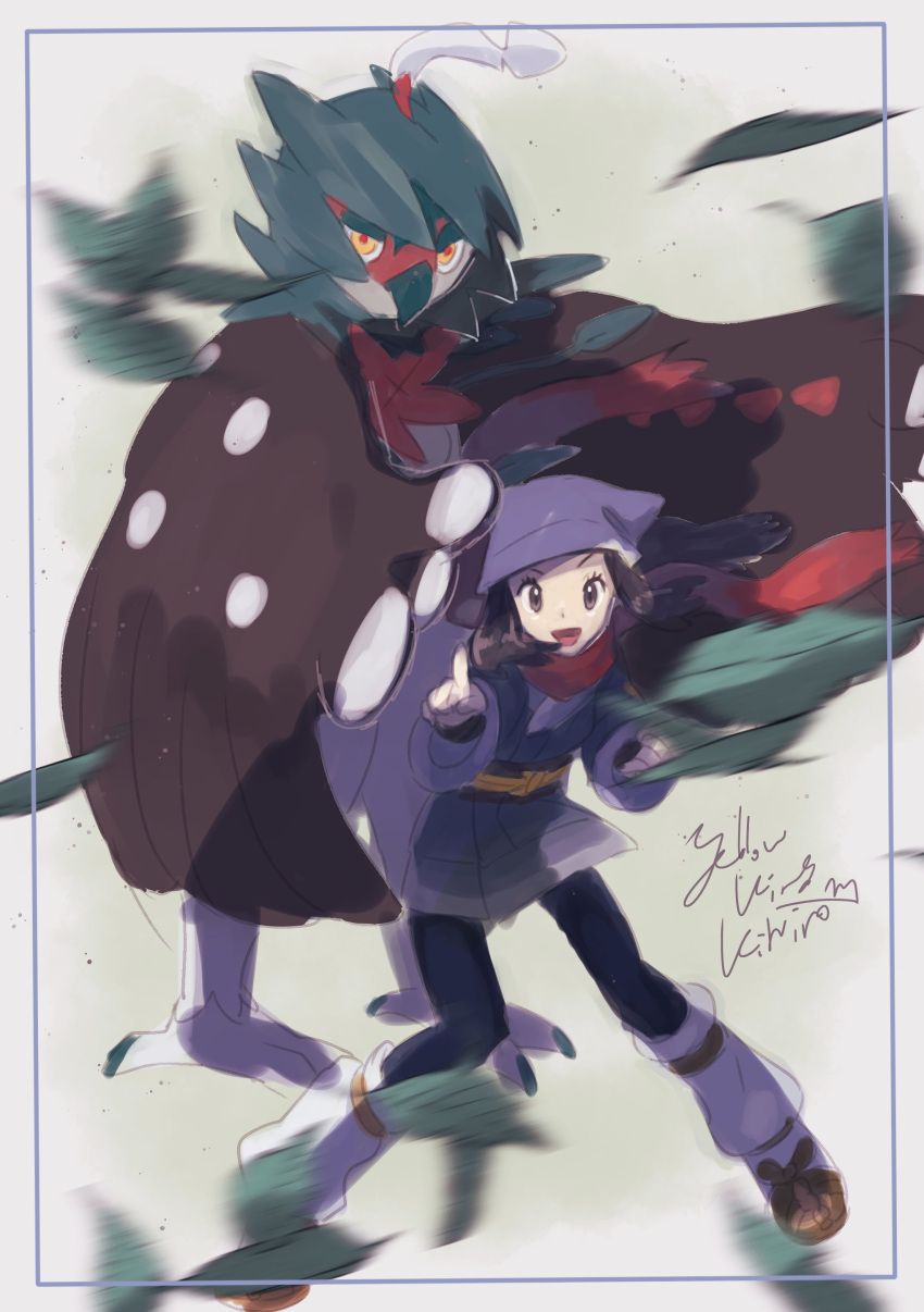 1girl absurdres alternate_color black_hair blurry clenched_hand commentary decidueye eyelashes female_protagonist_(pokemon_legends:_arceus) framed gen_7_pokemon grey_eyes highres leaves_in_wind legs_apart looking_at_viewer loose_socks open_mouth pigeon-toed pointing pokemon pokemon_(creature) pokemon_(game) pokemon_legends:_arceus sash shiny_pokemon sketch smile standing tongue yellowking_hiro