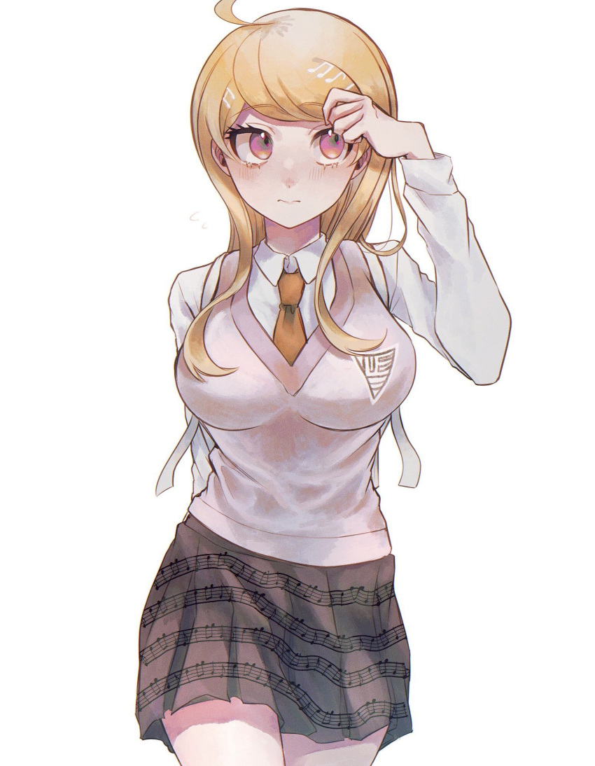 1girl ahoge akamatsu_kaede bangs bbjj_927 blonde_hair blush breasts collared_shirt commentary_request cowboy_shot dangan_ronpa_(series) dangan_ronpa_v3:_killing_harmony hair_ornament highres large_breasts long_hair long_sleeves looking_at_viewer musical_note musical_note_hair_ornament necktie pleated_skirt shirt simple_background skirt solo striped sweater_vest white_background white_shirt