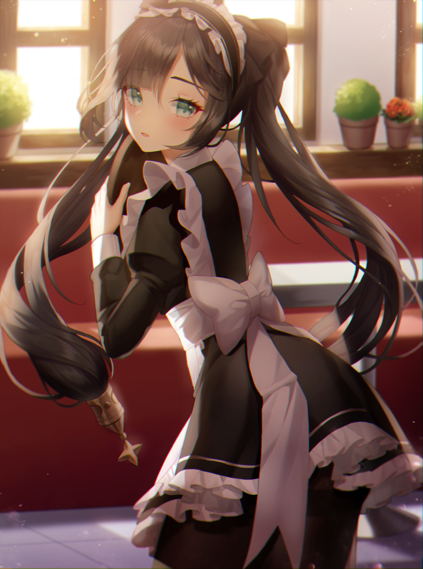 1girl absurdres alternate_costume aqua_eyes black_bow black_hair black_legwear blush bow chromatic_aberration cowboy_shot enmaided from_behind genshin_impact hair_bow highres juliet_sleeves long_hair long_sleeves looking_at_viewer maid maid_headdress meoyo mona_(genshin_impact) pantyhose parted_lips pot puffy_sleeves solo sunset twintails window
