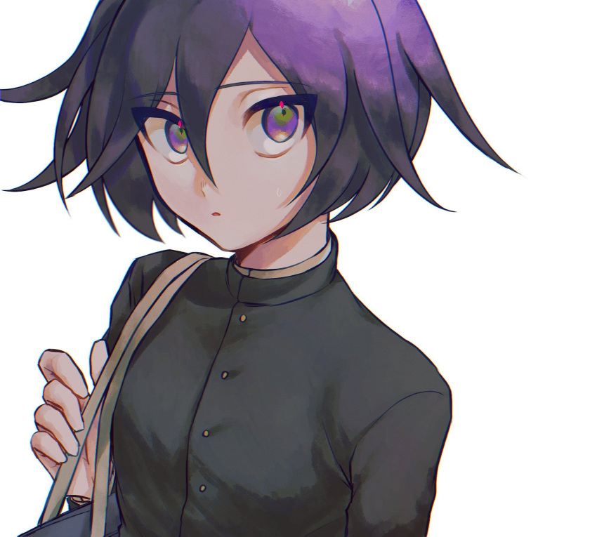 1boy bag bangs bbjj_927 black_jacket dangan_ronpa_(series) dangan_ronpa_v3:_killing_harmony gakuran hair_between_eyes hand_up highres holding holding_bag jacket looking_at_viewer male_focus official_alternate_costume open_mouth ouma_kokichi purple_hair school_bag school_uniform short_hair shoulder_bag simple_background solo upper_body white_background