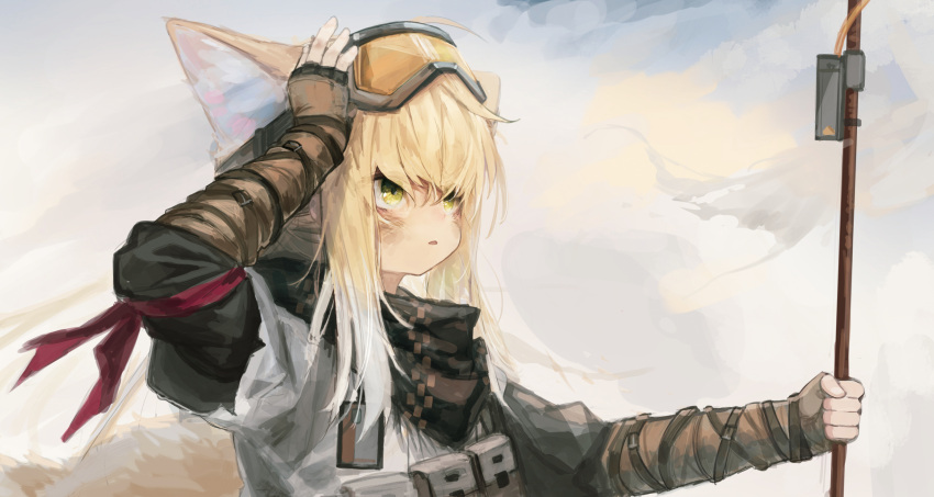 1girl animal_ears arknights bangs black_gloves blonde_hair dirty dirty_face fingerless_gloves gloves goggles green_eyes highres open_mouth scarf solo suzuran_(arknights) timitarcat