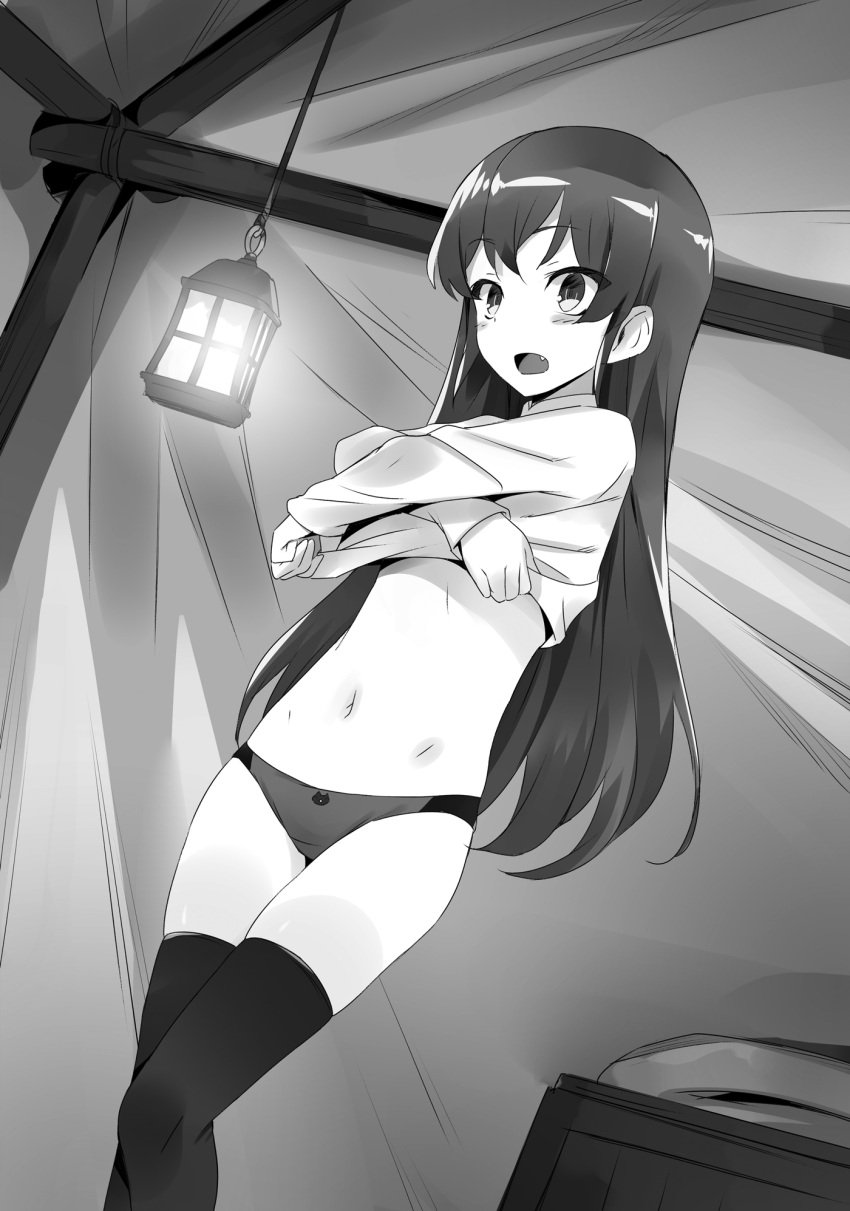1girl blush blush_stickers changing_clothes character_request embarrassed greyscale highres isekai_wa_smartphone_to_tomo_ni. lifted_by_self long_hair looking_at_viewer monochrome navel open_mouth panties shirt_lift solo tent thigh-highs underwear undressing usatsuka_eiji
