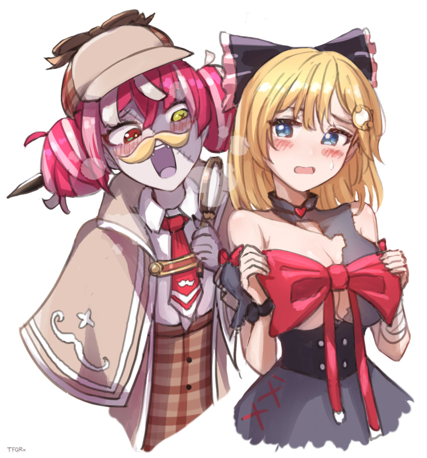 2girls alternate_breast_size bangs black_bow black_dress blonde_hair blue_eyes blush bow breasts capelet collared_shirt cosplay costume_switch deerstalker double_bun dress embarrassed eyebrows_behind_hair fake_facial_hair fake_mustache flat_chest grey_hair hair_bow hair_ornament hands_on_own_breasts hat heterochromia highres holding_magnifying_glass hololive hololive_english hololive_indonesia huge_bow kureiji_ollie kureiji_ollie_(cosplay) large_breasts looking_down monocle_hair_ornament multicolored_hair multiple_girls open_mouth pink_hair red_bow red_eyes redhead shirt shirt_tucked_in tfqr torn_clothes torn_dress virtual_youtuber watson_amelia watson_amelia_(cosplay) white_shirt yellow_eyes