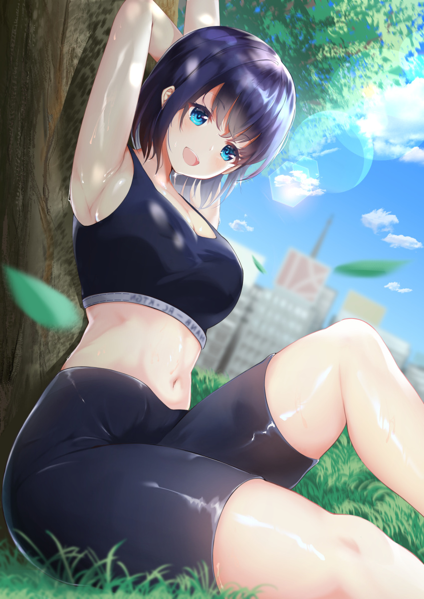 1girl :d absurdres against_tree armpits arms_behind_head arms_up bangs bike_shorts black_shorts black_sports_bra blurry blush breasts dappled_sunlight day depth_of_field dripping dutch_angle eyebrows_visible_through_hair grass head_tilt highres kdu knee_up lens_flare midriff moe2021 navel on_ground open_mouth original outdoors purple_hair shade shiny shiny_skin short_hair shorts sitting sleeveless smile solo sports_bra sunlight sweat tree