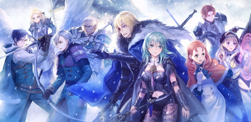 4girls 5boys ahoge annette_fantine_dominic armor armored_dress arrow_(projectile) ashe_ubert axe bangs black_gloves black_legwear blizzard blonde_hair blue_bow blue_eyes blue_hair blue_neckwear bow bow_(weapon) bowtie bracer breastplate breasts byleth_(fire_emblem) byleth_eisner_(female) cape capelet clothing_cutout commentary_request cowboy_shot dagger dedue_molinaro detached_collar dimitri_alexandre_blaiddyd dress earrings eyebrows_visible_through_hair eyepatch felix_hugo_fraldarius fire_emblem fire_emblem:_three_houses flag fur-trimmed_gloves fur_trim gauntlets gloves green_eyes green_hair habit hair_between_eyes hair_ribbon hands_together highres holding holding_sword holding_weapon horseback_riding ingrid_brandl_galatea jewelry lance large_breasts long_hair looking_to_the_side magic medium_breasts medium_hair mercedes_von_martritz midriff miniskirt multiple_boys multiple_girls navel navel_cutout open_mouth orange_hair pants pantyhose parted_bangs parted_lips pegasus_knight polearm profile red_eyes redhead ribbon riding short_hair sidelocks silver_hair skirt snow standing sword sword_of_the_creator sylvain_jose_gautier twitter_username vambraces violet_eyes weapon white_dress white_gloves yamyom