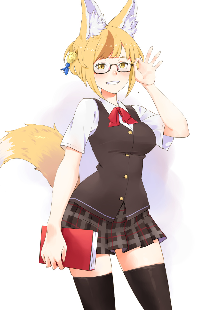 1girl absurdres adjusting_eyewear alternate_costume animal_ear_fluff animal_ears bangs bespectacled blonde_hair book bow breasts brown_hair commission commissioner_upload fire_emblem fire_emblem_fates fox_ears fox_girl fox_tail glasses hair_ornament highres holding igni_tion multicolored_hair red_bow school_uniform selkie_(fire_emblem) short_sleeves simple_background skirt smile solo streaked_hair tail thigh-highs yellow_eyes