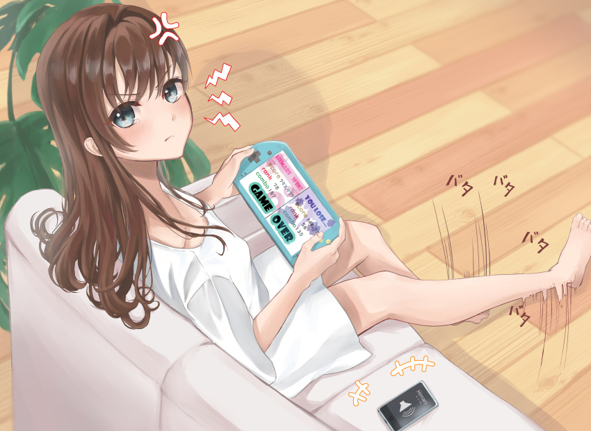 1girl absurdres anger_vein bangs bare_legs barefoot blush breasts brown_hair cellphone commentary_request couch dress english_text eyebrows_visible_through_hair game game_over handheld_game_console highres holding indoors irritated light_blue_eyes long_hair looking_at_viewer okoto0723 original phone plant potted_plant sidelocks sitting small_breasts smartphone solo tears v-shaped_eyebrows white_dress wooden_floor