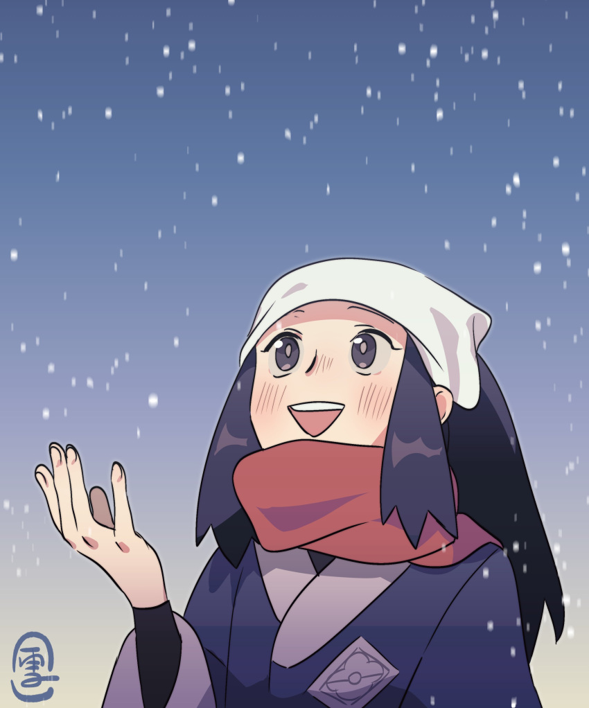 1girl :d absurdres black_hair commentary cosmosully english_commentary female_protagonist_(pokemon_legends:_arceus) grey_eyes hand_up highres long_hair looking_up open_mouth pokemon pokemon_(game) pokemon_legends:_arceus red_scarf scarf sidelocks smile snowing solo teeth upper_body