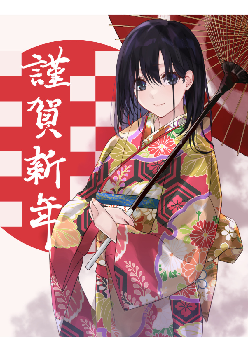 1girl black_eyes black_hair commentary happy_new_year highres holding holding_umbrella japanese_clothes kimono looking_at_viewer mexifime new_year obi oil-paper_umbrella saki sash solo touyoko_momoko umbrella