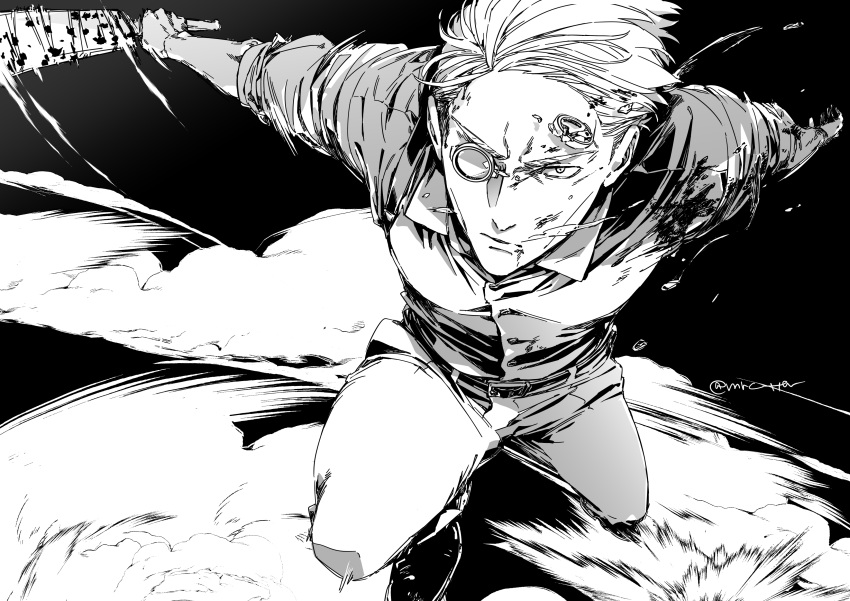 1boy absurdres belt blood bloody_clothes closed_mouth collared_shirt dress_shirt dust fighting_stance full_body greyscale highres holding holding_sword holding_weapon jujutsu_kaisen looking_at_viewer male_focus monochrome mrc-k nanami_kento pants round_eyewear shirt shoes short_hair sleeves_rolled_up solo sunglasses sword weapon