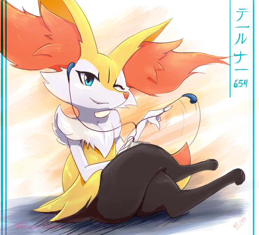 1girl alternate_eye_color animal_ear_fluff animal_ears animal_nose artist_name black_fur blue_eyes body_fur braixen character_name commentary crossed_legs dated digital_media_player earphones english_commentary eryz fang fang_out flat_chest fox_ears fox_girl fox_tail full_body furry gen_6_pokemon grin hand_up highres ipod looking_at_viewer motion_lines number one_eye_closed orange_background paws pokedex_number pokemon pokemon_(creature) sideways_glance signature simple_background sitting smile snout solo tail thick_thighs thighs translated watermark white_fur yellow_fur