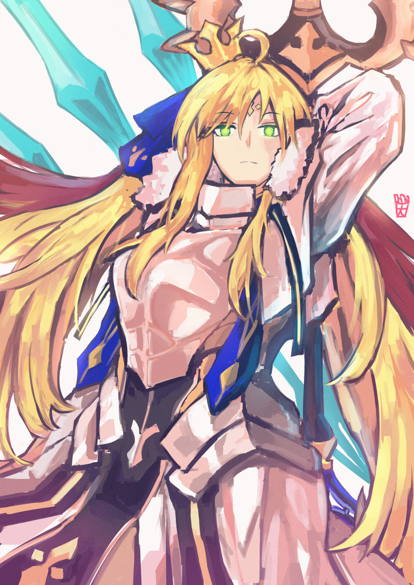 1girl absurdres age_progression ahoge armor artoria_pendragon_(all) artoria_pendragon_(caster)_(fate) bangs blonde_hair blue_ribbon breastplate crown eyebrows_visible_through_hair facial_mark fate/grand_order fate_(series) forehead_mark fur_collar glowing glowing_eyes green_eyes hair_ribbon highres holding holding_staff holding_weapon huge_filesize long_hair looking_at_viewer older ootato ribbon solo staff weapon white_background