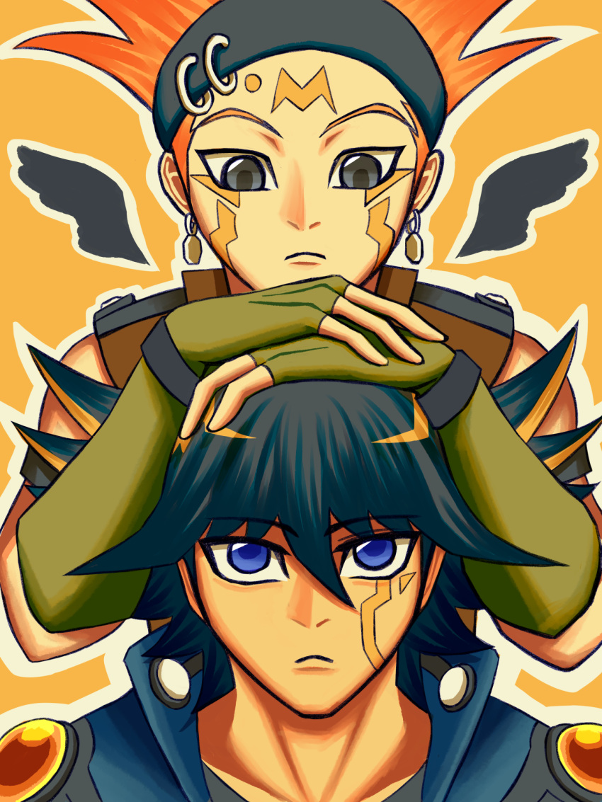 2boys bangs black_eyes black_hair black_headband black_wings blonde_hair blue_eyes blue_jacket brown_jacket closed_mouth commentary_request crow_hogan detached_wings earrings eyebrows_visible_through_hair facial_tattoo fudou_yuusei hair_between_eyes hands_on_another's_head headband highres jacket jewelry looking_at_another male_focus multicolored_hair multiple_boys noruuin orange_background orange_hair outline short_hair sleeveless sleeveless_jacket spiky_hair streaked_hair tattoo two-tone_hair upper_body wings yu-gi-oh! yu-gi-oh!_5d's
