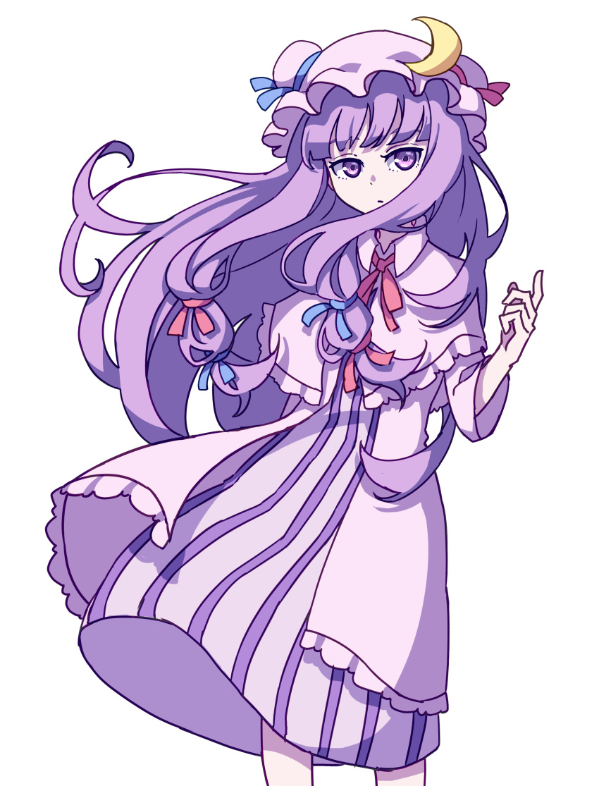 1girl absurdres bangs blue_ribbon cowboy_shot crescent crescent_pin dress eyebrows_behind_hair hair_ribbon hat hat_ribbon highres index_finger_raised kame_(kamepan44231) long_hair looking_at_viewer mob_cap neck_ribbon patchouli_knowledge pink_headwear purple_dress purple_hair red_neckwear red_ribbon ribbon sidelocks simple_background solo standing striped striped_dress touhou violet_eyes white_background