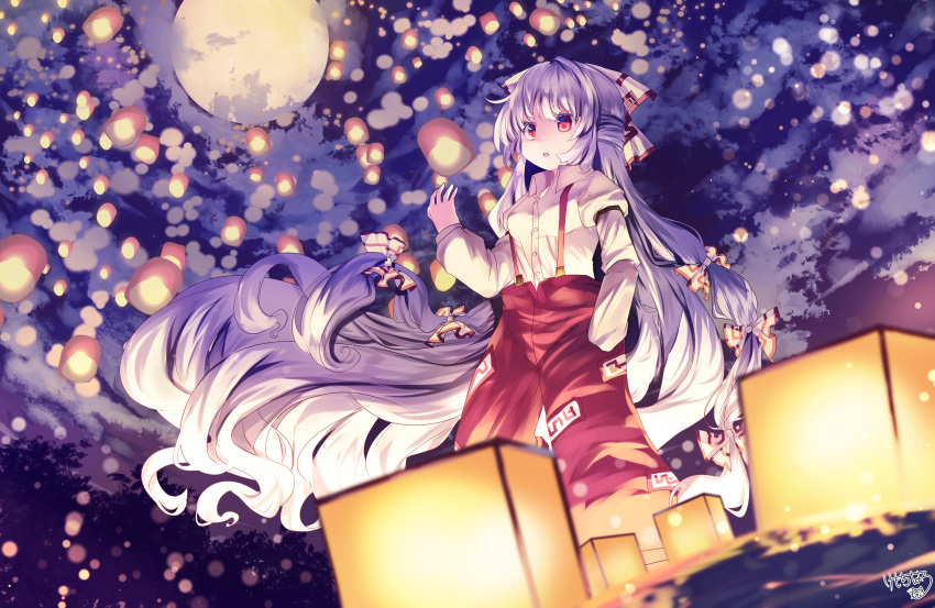 1girl absurdres baggy_pants bangs bow buttons clouds cloudy_sky collared_shirt fujiwara_no_mokou hair_bow highres kemo_chiharu lantern lantern_festival lantern_on_liquid long_hair long_sleeves looking_at_viewer moon night ofuda outdoors pants paper_lantern parted_lips red_eyes red_pants ribbon shirt sidelocks signature sky sky_lantern solo standing suspenders touhou very_long_hair white_hair white_shirt