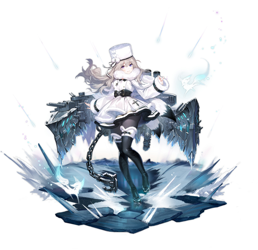 1girl anchor azur_lane belt black_belt black_footwear black_legwear blonde_hair blue_eyes boots breasts byulzzi coat commentary_request cross cross_necklace dress eyebrows_visible_through_hair fur fur-trimmed_boots fur-trimmed_collar fur-trimmed_dress fur-trimmed_headwear fur-trimmed_sleeves fur_trim hat heterochromia highres jewelry knee_boots long_hair looking_at_viewer machinery murmansk_(azur_lane) necklace northern_parliament_(emblem) official_art pantyhose papakha smile solo standing standing_on_one_leg thigh-highs thigh_boots violet_eyes white_background white_dress white_headwear winter_clothes winter_coat