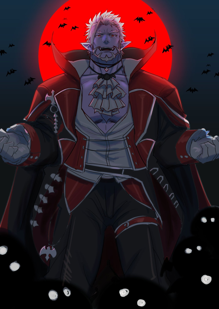 1boy :d animal ascot bat beard black_jacket black_pants collarbone collared_shirt colored_skin commentary dress_shirt facial_hair fangs full_moon gilzaren_iii gloves highres jacket long_sleeves looking_at_viewer male_focus moon nijisanji open_clothes open_jacket open_mouth pants pointy_ears purple_skin red_eyes red_moon shirt smile solo standing thick_eyebrows virtual_youtuber white_gloves white_hair white_neckwear white_shirt yakisoba_ohmori