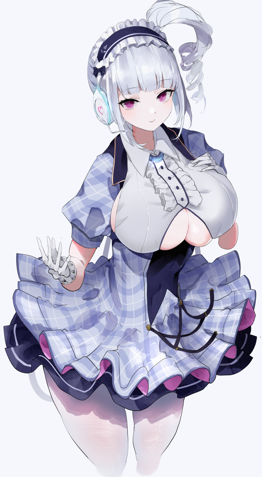 1girl absurdres azur_lane breasts closed_mouth clothing_cutout covered_navel dido_(azur_lane) dido_(muse)_(azur_lane) dress drill_hair ekaki_no_mime eyebrows_visible_through_hair gloves hand_on_own_chest hand_up headphones highres large_breasts looking_at_viewer maid_headdress medium_hair pantyhose side_ponytail sideboob silver_hair smile solo standing under_boob violet_eyes white_background white_gloves white_legwear