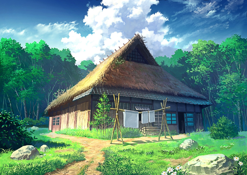 blanket blue_sky bush clouds daisy day door flower forest grass highres hut laundry naohiro nature no_humans original outdoors path revision road rock rural scenery sky summer tree