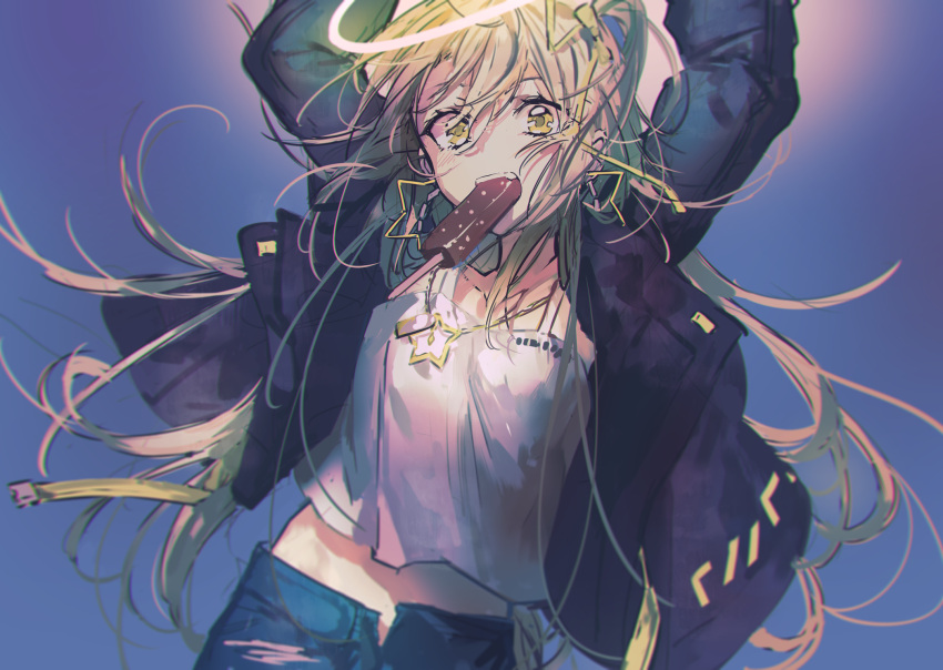 1girl arms_up bangs black_jacket blonde_hair blue_pants camisole earrings food food_in_mouth hair_between_eyes hair_ornament hair_ribbon halo highres jacket jewelry long_hair midriff_peek open_clothes open_fly open_jacket original pants popsicle ribbon side_ponytail star_(symbol) star_earrings unzipped very_long_hair wattaro white_camisole yellow_eyes yellow_ribbon