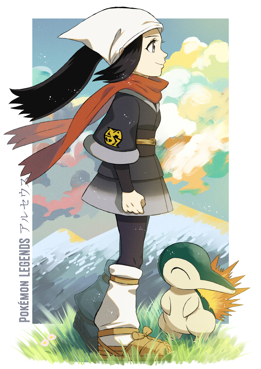 1girl absurdres black_hair clenched_hand closed_mouth clouds commentary_request copyright_name cyndaquil day eyelashes female_protagonist_(pokemon_legends:_arceus) floating_hair floating_scarf from_side gen_2_pokemon grass grey_eyes highres huge_filesize loose_socks mountain outdoors pokemon pokemon_(creature) pokemon_(game) pokemon_legends:_arceus sash scarf sidelocks sky smile standing starter_pokemon touyama_sairi