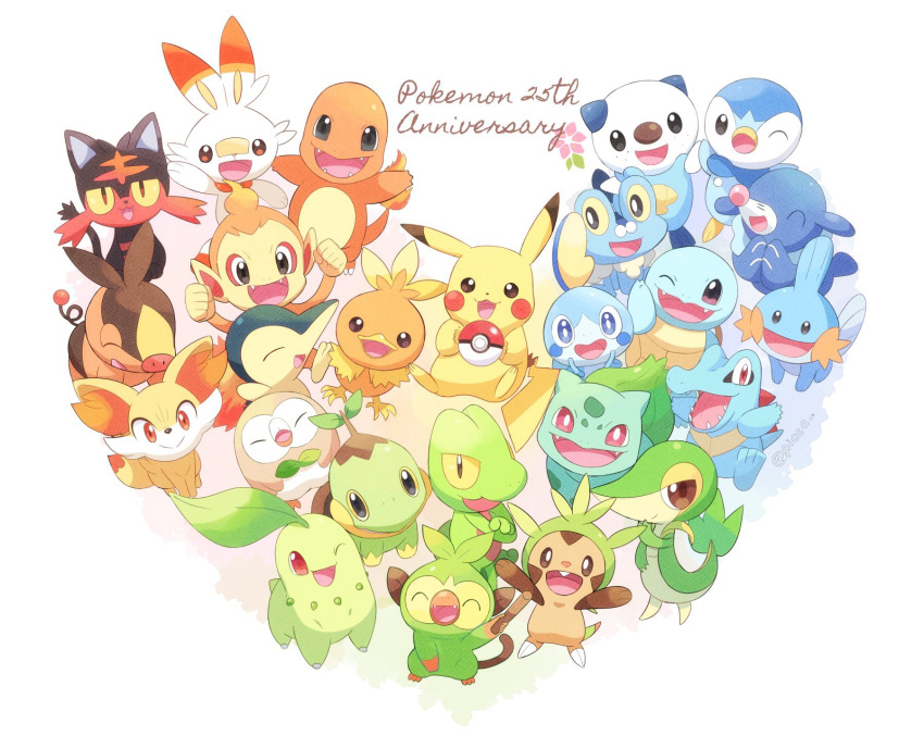 :&gt; anniversary blue_eyes bright_pupils brown_eyes bulbasaur charmander chespin chikorita chimchar closed_eyes closed_mouth commentary_request copyright_name cyndaquil fang fangs fennekin fire flame froakie gen_1_pokemon gen_2_pokemon gen_3_pokemon gen_4_pokemon gen_5_pokemon gen_6_pokemon gen_7_pokemon gen_8_pokemon grookey highres holding holding_poke_ball litten looking_at_viewer mei_(maysroom) mudkip no_humans one_eye_closed open_mouth oshawott pikachu piplup poke_ball poke_ball_(basic) pokemon pokemon_(creature) popplio rowlet scorbunny smile snivy sobble squirtle starter_pokemon tepig tongue torchic totodile treecko turtwig