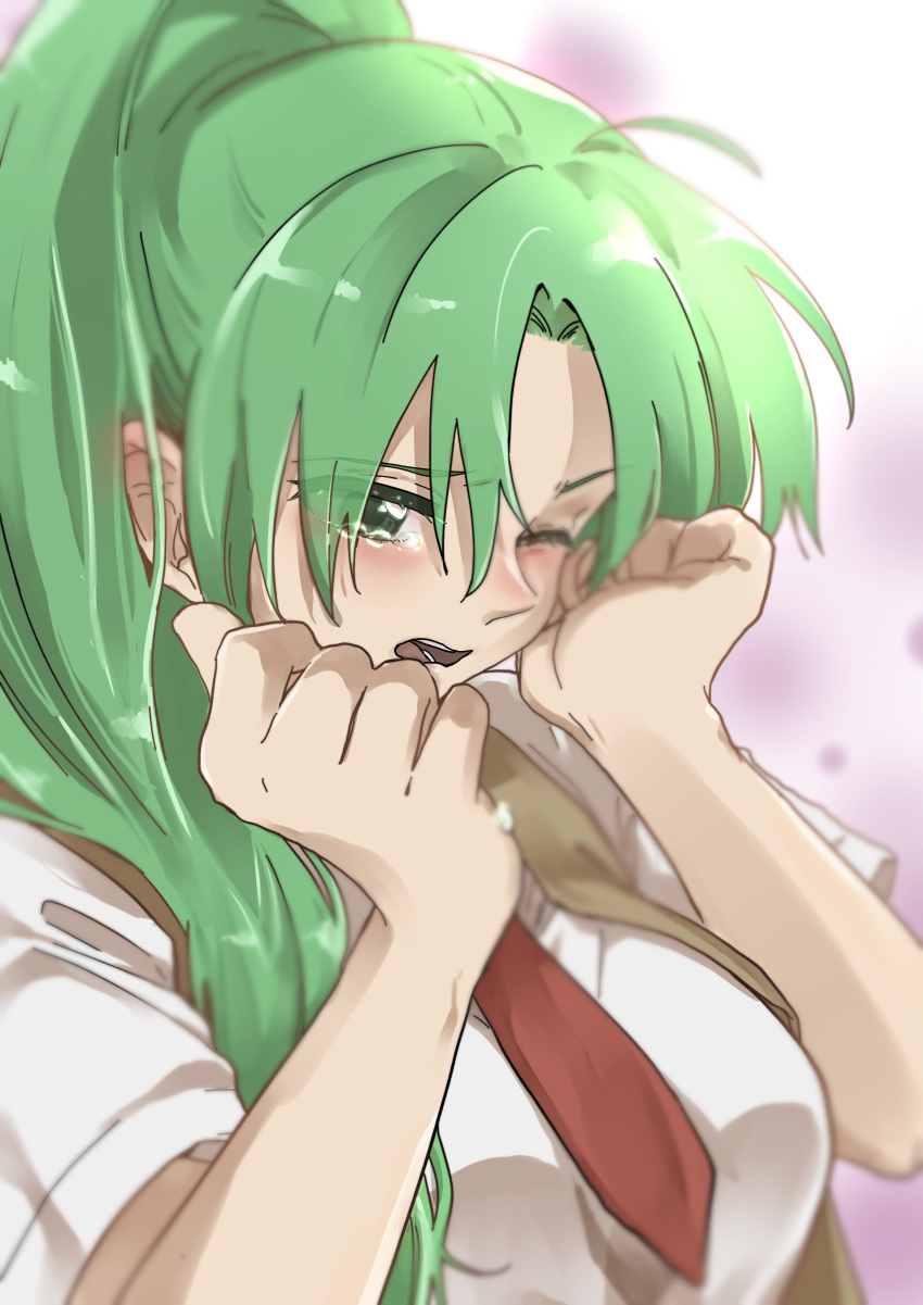 1girl absurdres ahoge blush breasts brown_vest gradient gradient_background green_eyes green_hair highres higurashi_no_naku_koro_ni kayo_1102 large_breasts long_hair necktie one_eye_closed open_mouth ponytail purple_background red_neckwear solo sonozaki_mion teeth upper_body vest white_background wiping_face