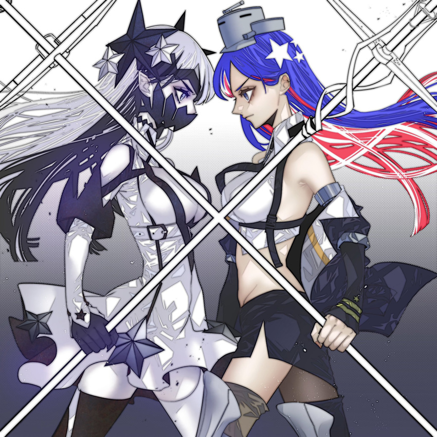 2girls anno88888 asymmetrical_legwear bangs black_hair black_legwear blue_eyes blue_hair breasts closed_mouth colored_skin elbow_gloves english_commentary from_side gloves headgear highres holding jacket kantai_collection large_breasts long_hair mask mismatched_legwear mouth_mask multicolored_hair multiple_girls new_southern_battleship_princess off_shoulder pale_skin pointy_ears profile redhead single_leg_pantyhose single_thighhigh skirt south_dakota_(kancolle) thigh-highs violet_eyes white_hair white_legwear white_skin