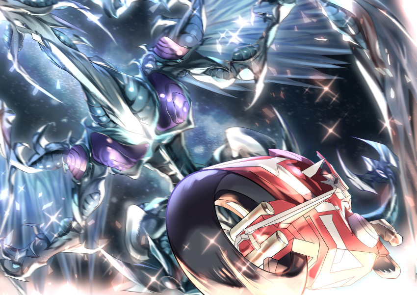 1boy absurdres black_footwear boots commentary_request d-wheel dragon duel_monster from_below fudou_yuusei glint ground_vehicle highres motion_blur motor_vehicle nakagawa_kanon_(pixiv32798535) sky sparkle star_(sky) stardust_dragon starry_sky yu-gi-oh! yu-gi-oh!_5d's