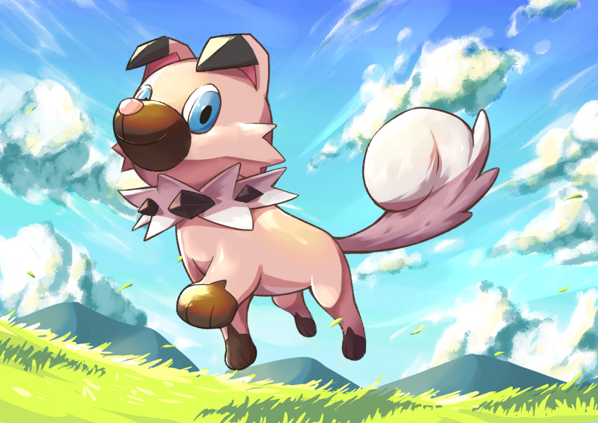 absurdres blue_eyes closed_mouth clouds commentary_request day from_below gen_7_pokemon grass highres kareha_p looking_at_viewer mountainous_horizon no_humans outdoors paws pokemon pokemon_(creature) rockruff sky smile solo toes