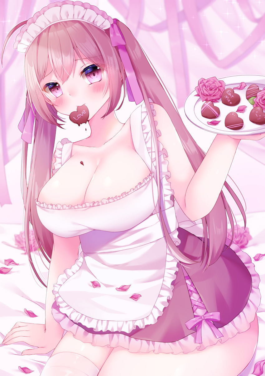 1girl absurdres alternate_costume apron bangs blonde_hair blush breasts candy chocolate chocolate_heart enmaided eyebrows_visible_through_hair flower food hair_ribbon heart highres ikebana large_breasts looking_at_viewer maid maid_apron moe2021 original petals pink_background pink_eyes pink_ribbon ribbon ribbon_(kirby) rose seiza sitting solo srkm828 twintails valentine