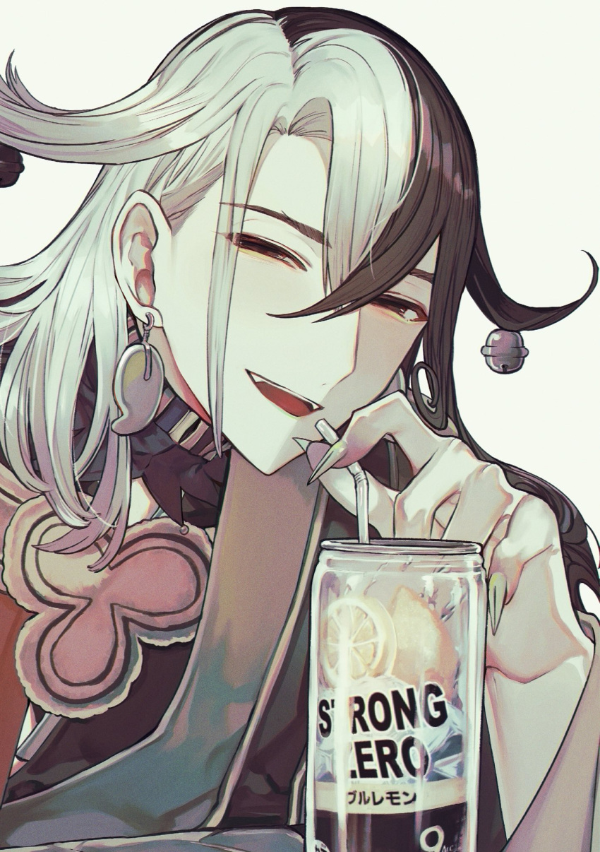 1boy albino_(a1b1n0623) alcohol ashiya_douman_(fate) asymmetrical_clothes asymmetrical_hair bell black_eyes black_hair blush can collar curly_hair drinking_straw earrings fangs fate/grand_order fate_(series) fingernails food fruit green_kimono green_nails hadanugi_dousa hair_bell hair_ornament highres japanese_clothes jewelry jitome kimono light_smile magatama magatama_earrings male_focus open_clothes open_kimono orange pale_skin parted_lips purple_collar sharp_fingernails strong_zero very_long_fingernails white_background white_hair wide_sleeves