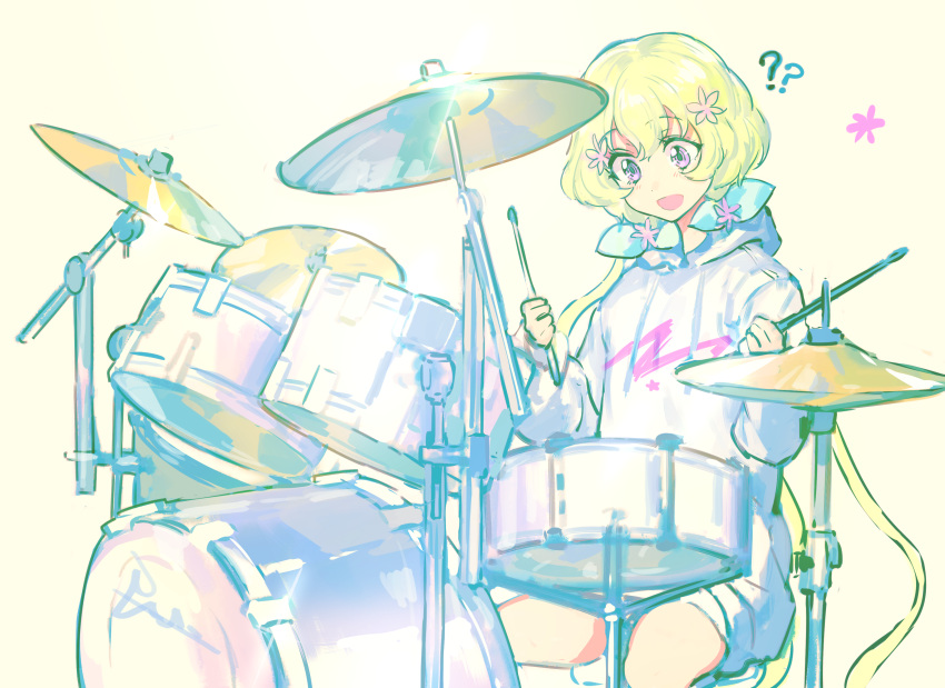 :d ?? absurdres aikatsu! aikatsu!_(series) bangs blonde_hair blush confused drum drum_set drumsticks eyebrows_visible_through_hair flower futaba_aria hair_flower hair_ornament highres holding holding_drumsticks hood hood_down hoodie instrument open_mouth pink_eyes pink_flower short_hair sitting smile wattaro white_hoodie