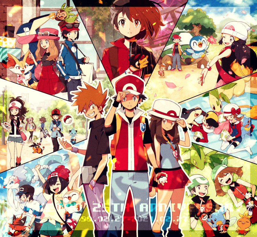 6+boys 6+girls :q anniversary antenna_hair arms_up atori12 bag baseball_cap bayleef between_breasts black_hair black_shirt blue_jacket blue_oak blue_shirt blush box braixen breasts brendan_(pokemon) brown_eyes brown_hair calem_(pokemon) champion_uniform chespin chimchar clenched_hand closed_eyes clouds commentary_request hikari_(pokemon) dewott elio_(pokemon) ethan_(pokemon) eyelashes flower gen_2_pokemon gen_3_pokemon gen_4_pokemon gen_5_pokemon gen_6_pokemon gen_7_pokemon gift gift_box gloria_(pokemon) green_shorts greninja grey_eyes grovyle hand_in_pocket hand_on_headwear hand_up hat highres hilbert_(pokemon) hilda_(pokemon) holding holding_flower holding_poke_ball jacket knees leaf_(pokemon) long_hair looking_at_viewer lucas_(pokemon) lyra_(pokemon) may_(pokemon) mudkip multiple_boys multiple_girls nate_(pokemon) on_head one_eye_closed open_mouth outline pants petals pink_bag pink_headwear piplup pleated_skirt poke_ball poke_ball_(basic) pokemon pokemon_(creature) pokemon_(game) pokemon_bw pokemon_bw2 pokemon_dppt pokemon_emerald pokemon_frlg pokemon_hgss pokemon_on_head pokemon_rse pokemon_sm pokemon_swsh pokemon_xy primarina quilava red_(pokemon) red_shirt red_skirt rosa_(pokemon) rowlet scarf selene_(pokemon) serena_(pokemon) shirt short_sleeves shorts sidelocks skirt sky smile standing starter_pokemon strap_between_breasts striped striped_shirt sunglasses teeth tepig tied_shirt tongue tongue_out torchic torracat torterra totodile tree vest victor_(pokemon) vs_seeker white-framed_eyewear white_headwear wristband |d