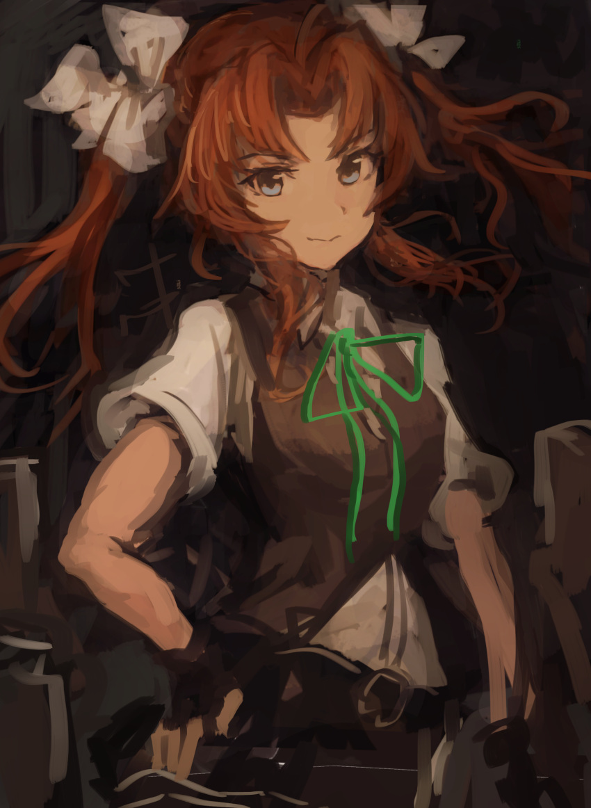 1girl absurdres ahoge bangs black_gloves black_skirt black_vest blue_eyes fingerless_gloves gloves green_neckwear hair_ribbon highres kagerou_(kancolle) kantai_collection long_hair moor neck_ribbon orange_hair pleated_skirt remodel_(kantai_collection) ribbon rigging shirt short_sleeves sidelocks skirt solo twintails vest white_shirt