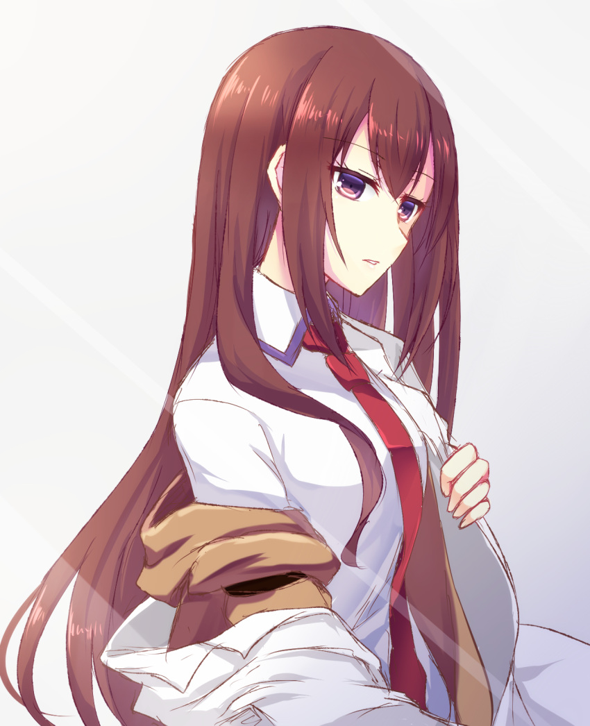 1girl bangs brown_hair collared_shirt eyebrows_visible_through_hair from_side grey_background hair_between_eyes highres labcoat long_hair long_sleeves makise_kurisu necktie nishijou_myu parted_lips red_neckwear shiny shiny_hair shirt simple_background sketch solo steins;gate straight_hair very_long_hair violet_eyes white_shirt wing_collar