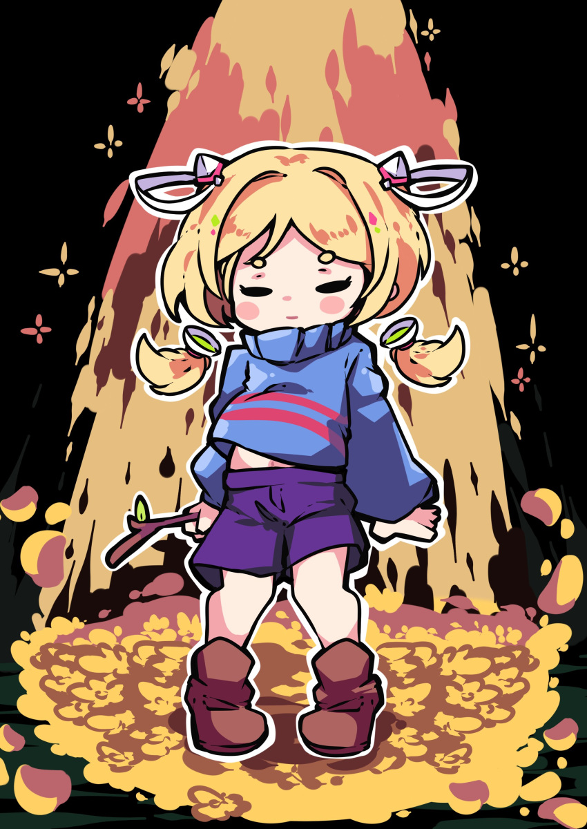 1girl absurdres aki_rosenthal arms_at_sides bangs black_background blonde_hair blue_sweater blush_stickers boots brown_footwear closed_eyes closed_mouth commentary_request cosplay detached_hair english_commentary eyebrows_visible_through_hair frisk_(undertale) frisk_(undertale)_(cosplay) full_body golden_flower_(undertale) hair_intakes hair_ornament highres holding holding_stick hololive long_hair long_sleeves low_twintails midriff_peek mixed-language_commentary navel outline puffy_long_sleeves puffy_sleeves purple_shorts short_eyebrows short_hair shorts solo sparkle standing stick sweater thick_eyebrows toon_(toonhoshi) turtleneck turtleneck_sweater twintails undertale white_outline younger